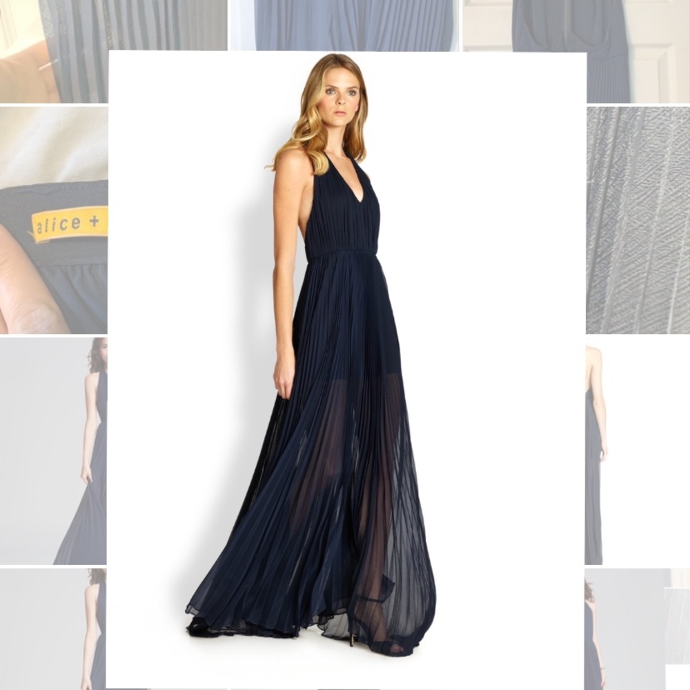 Alice + Olivia knifepleated chiffon halter maxi